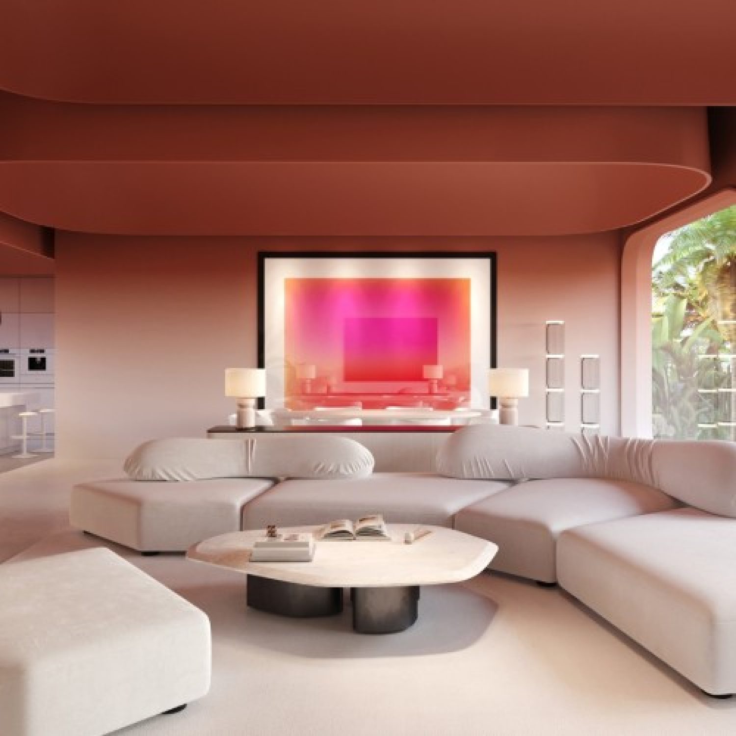 Przestronny salon w luksusowej willi Marshall House z sofą Edra